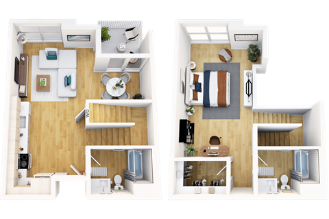Floor plan for 1 bed, 2 baths, 1134 sqft
